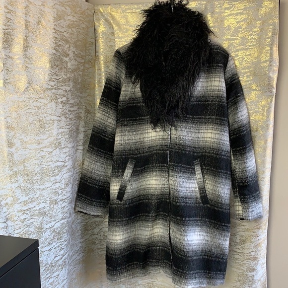 Buffalo David Bitton Black/White Plaid Wool Coat With Removable Collar Size XL - Picture 2 of 15